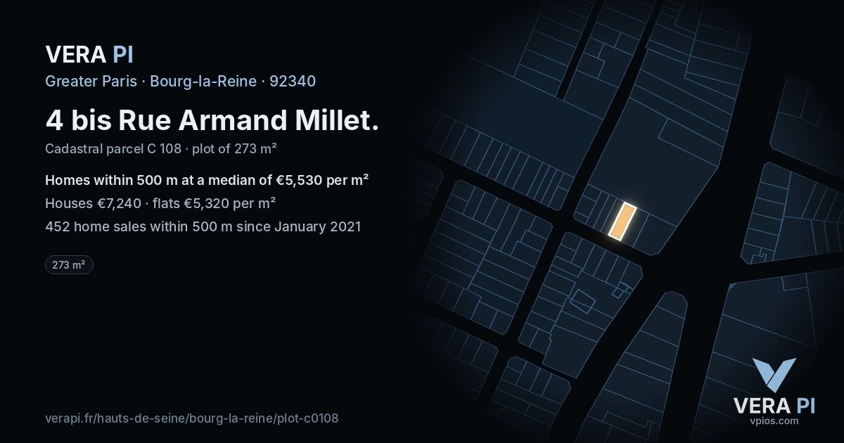 4 bis Rue Armand Millet, Bourg-la-Reine at night – the plot lit, the parcels around coloured by the prices near them