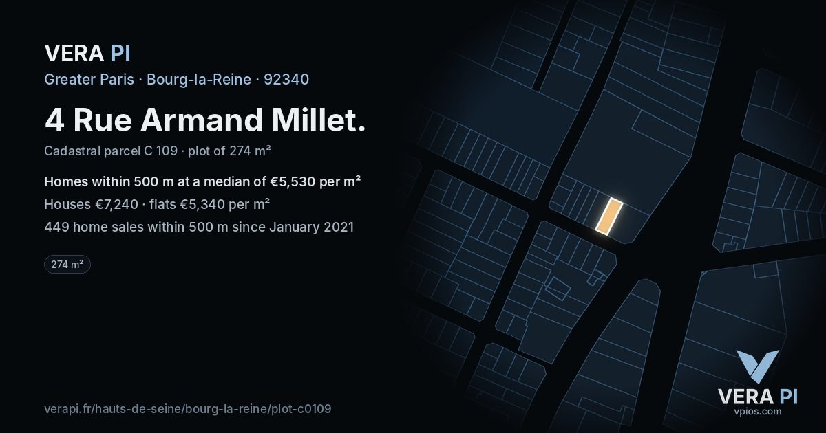 4 Rue Armand Millet, Bourg-la-Reine at night – the plot lit, the parcels around coloured by the prices near them