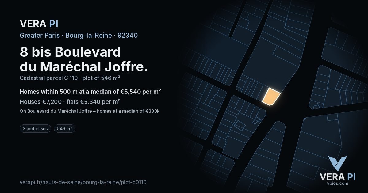 8 bis Boulevard du Maréchal Joffre, Bourg-la-Reine at night – the plot lit, the parcels around coloured by the prices near them