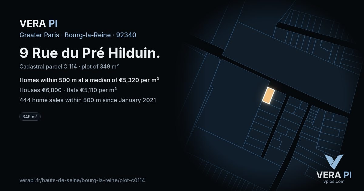 9 Rue du Pré Hilduin, Bourg-la-Reine at night – the plot lit, the parcels around coloured by the prices near them