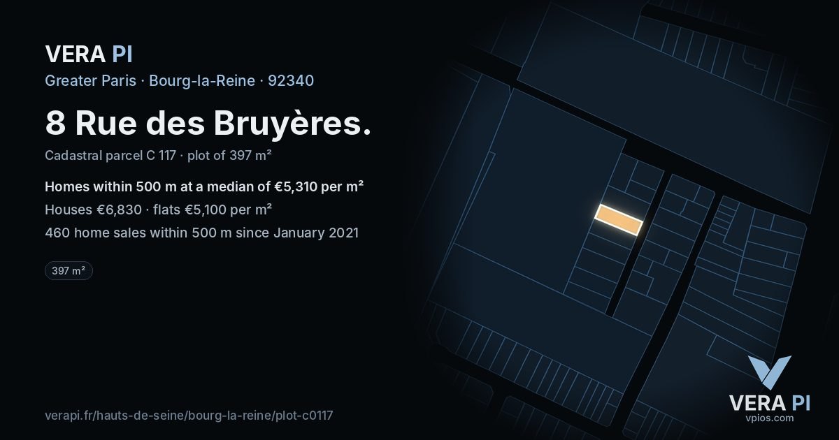 8 Rue des Bruyères, Bourg-la-Reine at night – the plot lit, the parcels around coloured by the prices near them