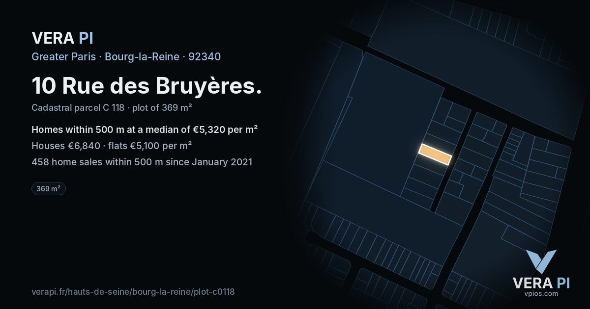 10 Rue des Bruyères, Bourg-la-Reine at night – the plot lit, the parcels around coloured by the prices near them