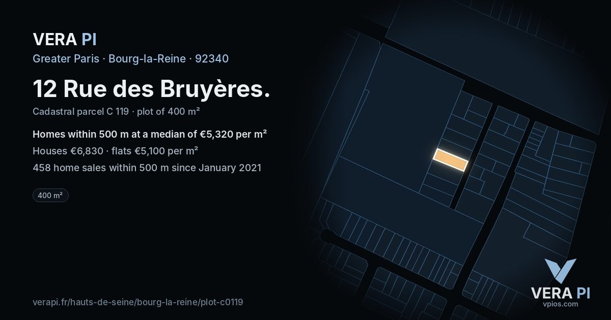 12 Rue des Bruyères, Bourg-la-Reine at night – the plot lit, the parcels around coloured by the prices near them