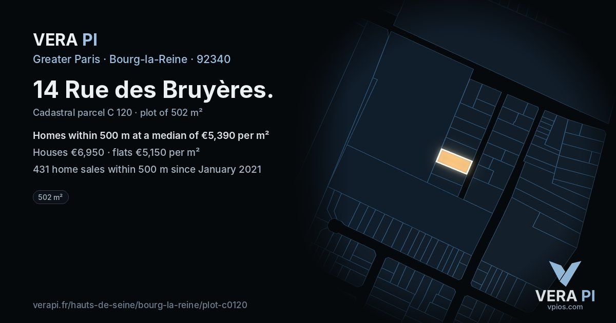 14 Rue des Bruyères, Bourg-la-Reine at night – the plot lit, the parcels around coloured by the prices near them