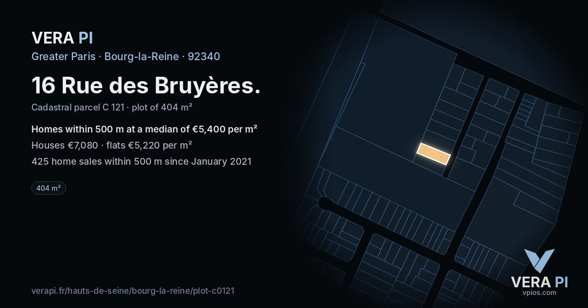 16 Rue des Bruyères, Bourg-la-Reine at night – the plot lit, the parcels around coloured by the prices near them