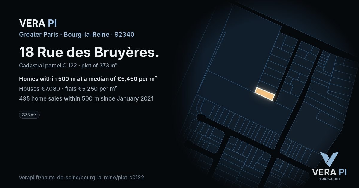 18 Rue des Bruyères, Bourg-la-Reine at night – the plot lit, the parcels around coloured by the prices near them