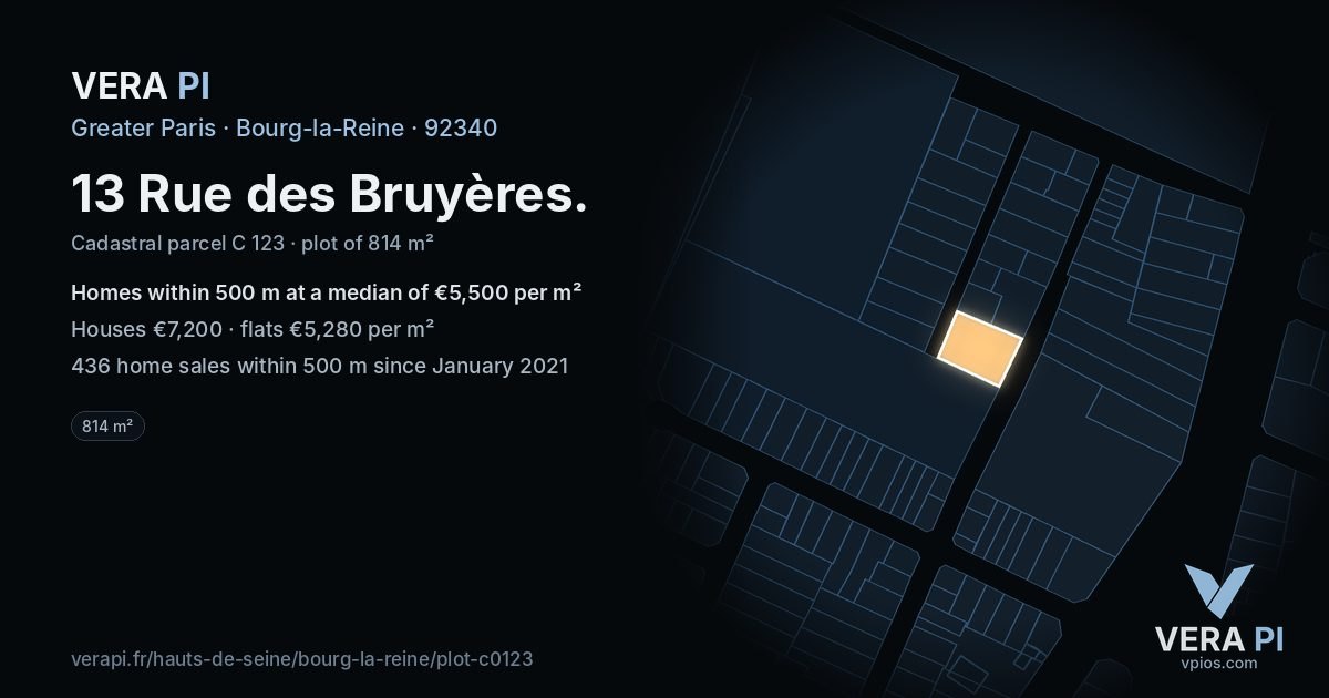13 Rue des Bruyères, Bourg-la-Reine at night – the plot lit, the parcels around coloured by the prices near them