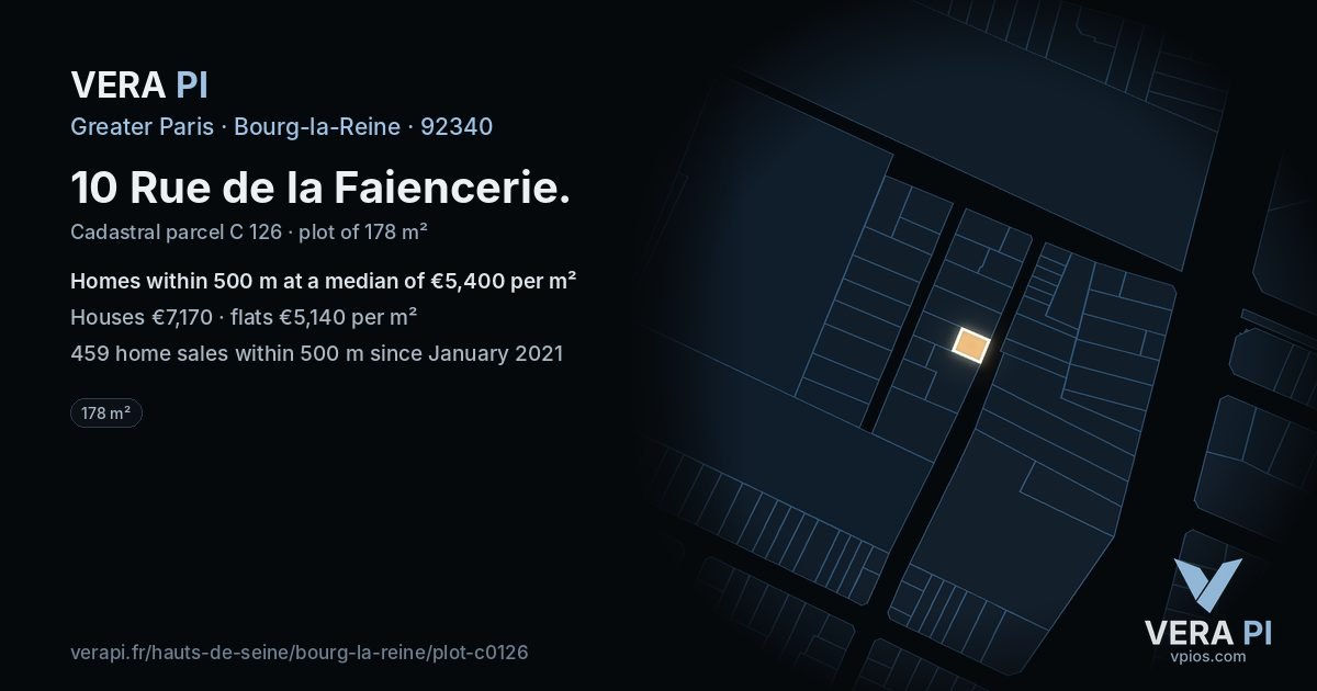 10 Rue de la Faiencerie, Bourg-la-Reine at night – the plot lit, the parcels around coloured by the prices near them