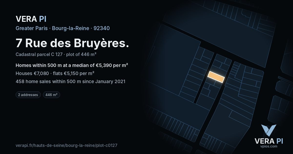 7 Rue des Bruyères, Bourg-la-Reine at night – the plot lit, the parcels around coloured by the prices near them