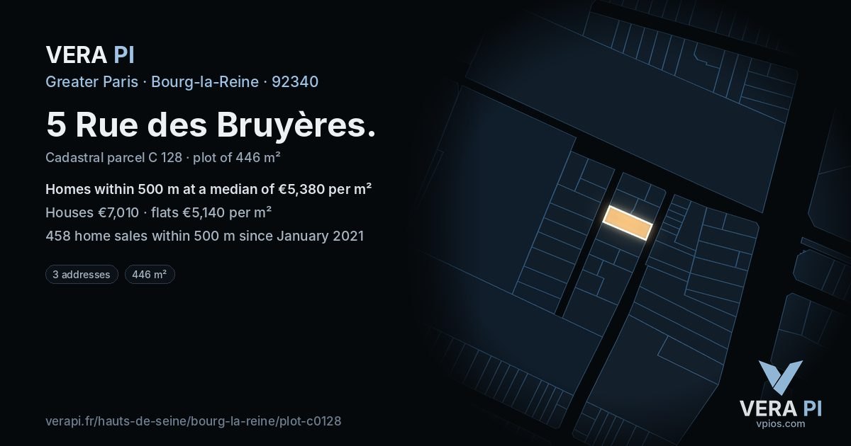 5 Rue des Bruyères, Bourg-la-Reine at night – the plot lit, the parcels around coloured by the prices near them
