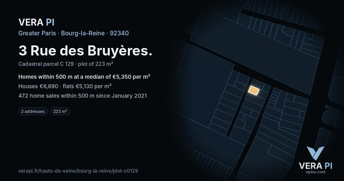 3 Rue des Bruyères, Bourg-la-Reine at night – the plot lit, the parcels around coloured by the prices near them