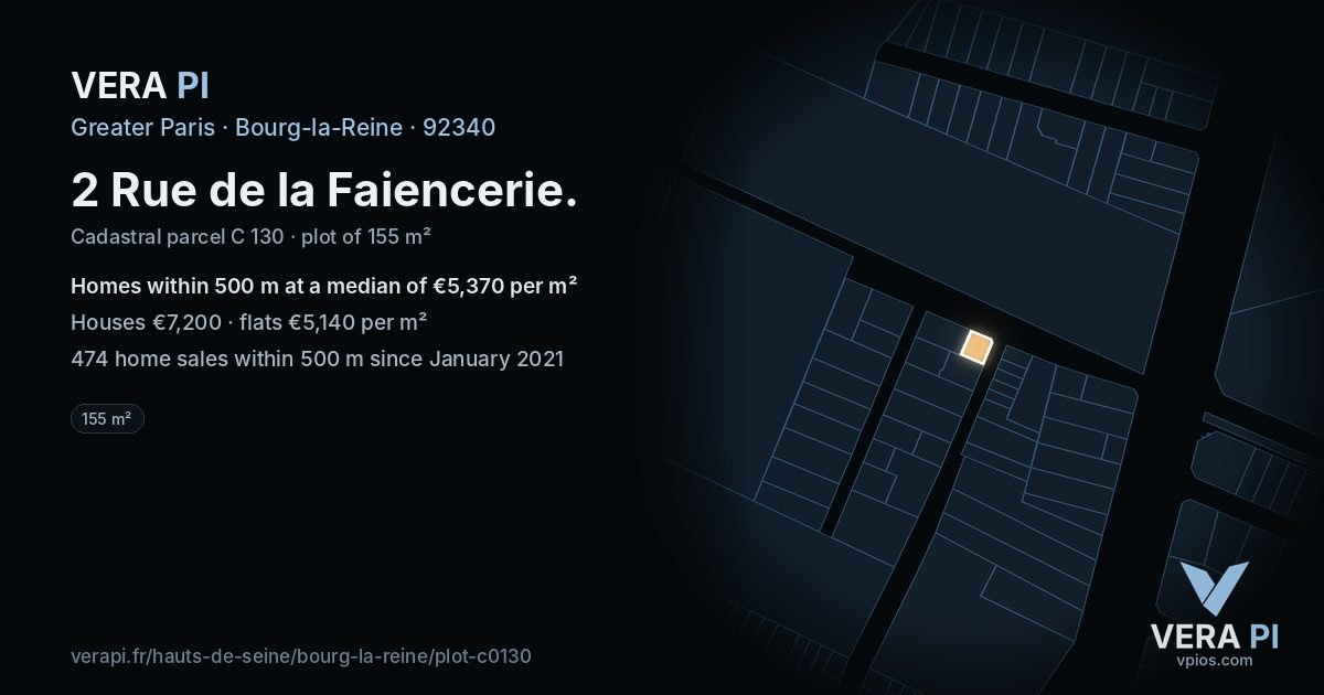 2 Rue de la Faiencerie, Bourg-la-Reine at night – the plot lit, the parcels around coloured by the prices near them