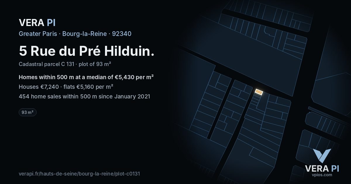 5 Rue du Pré Hilduin, Bourg-la-Reine at night – the plot lit, the parcels around coloured by the prices near them