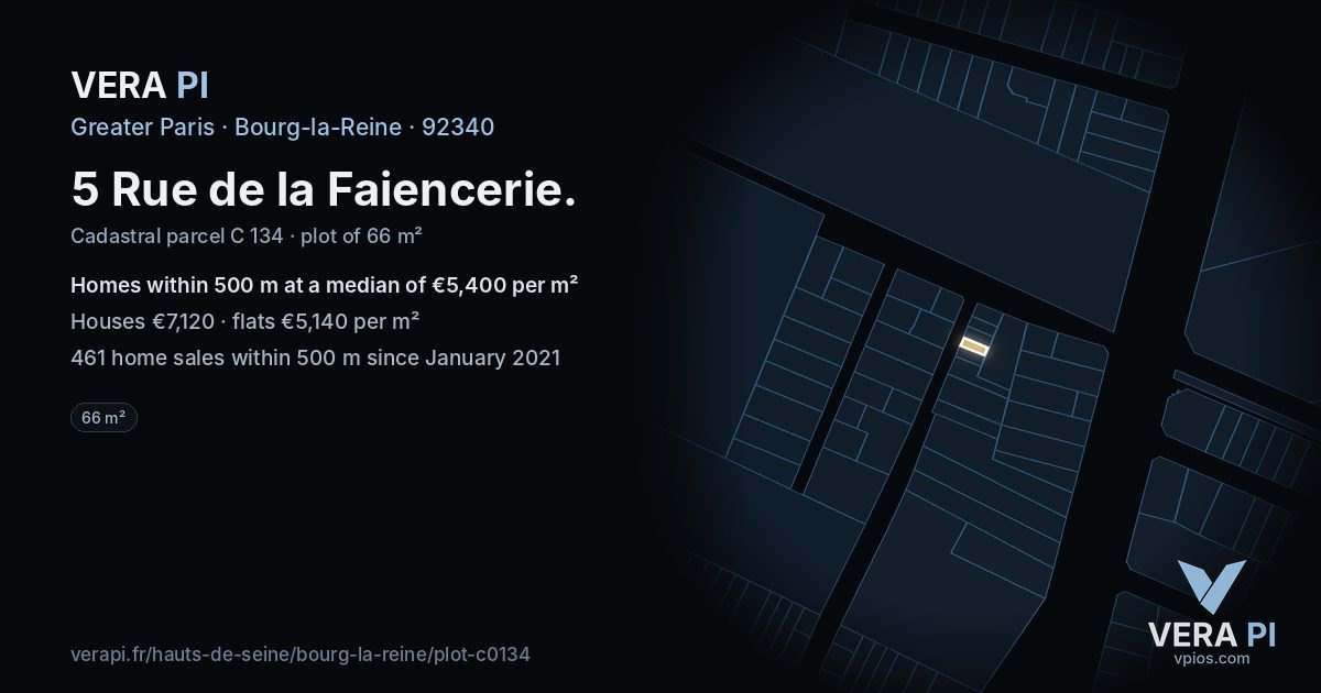 5 Rue de la Faiencerie, Bourg-la-Reine at night – the plot lit, the parcels around coloured by the prices near them