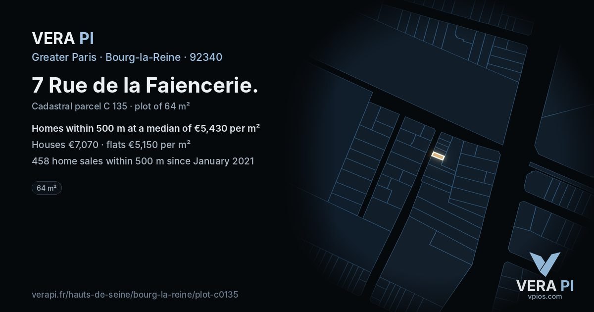 7 Rue de la Faiencerie, Bourg-la-Reine at night – the plot lit, the parcels around coloured by the prices near them