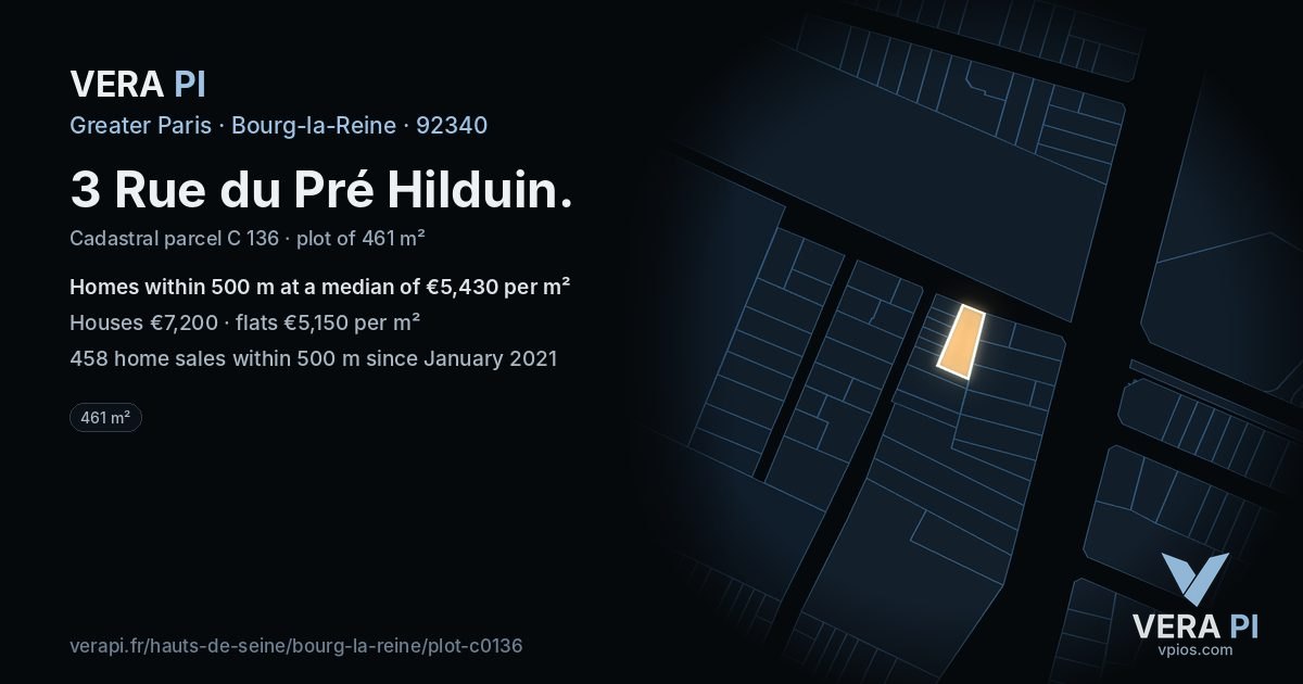 3 Rue du Pré Hilduin, Bourg-la-Reine at night – the plot lit, the parcels around coloured by the prices near them