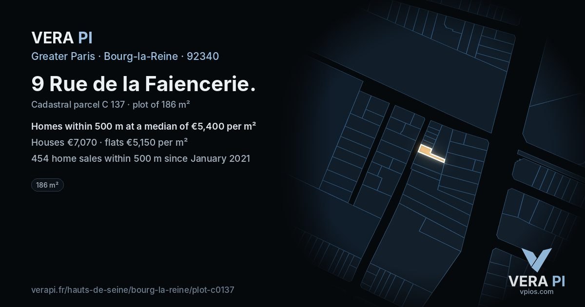 9 Rue de la Faiencerie, Bourg-la-Reine at night – the plot lit, the parcels around coloured by the prices near them