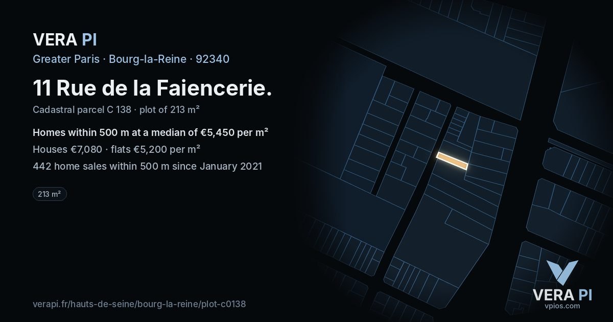 11 Rue de la Faiencerie, Bourg-la-Reine at night – the plot lit, the parcels around coloured by the prices near them