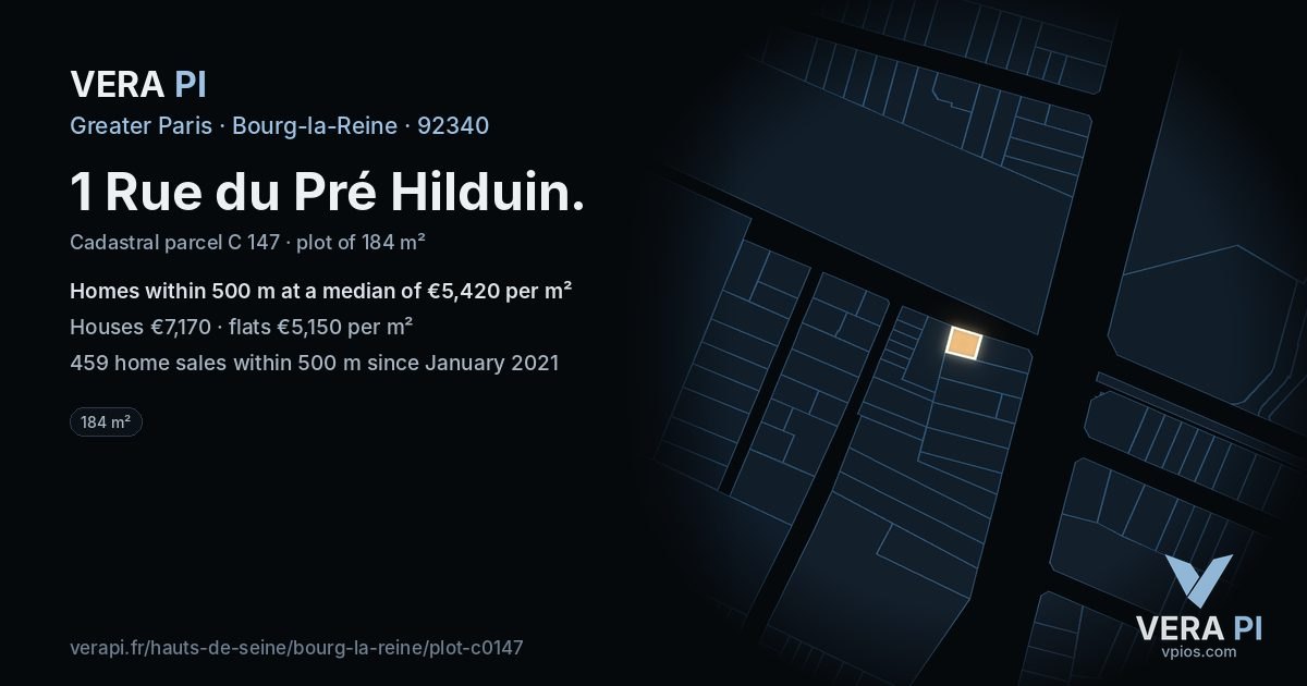 1 Rue du Pré Hilduin, Bourg-la-Reine at night – the plot lit, the parcels around coloured by the prices near them