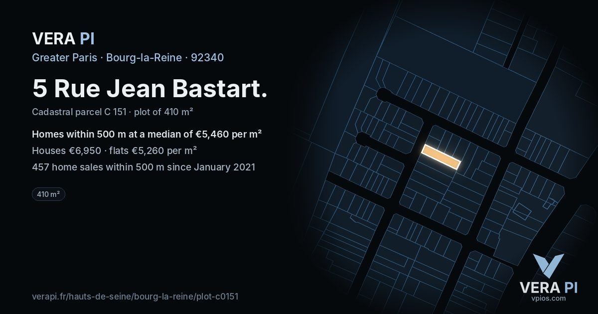5 Rue Jean Bastart, Bourg-la-Reine at night – the plot lit, the parcels around coloured by the prices near them