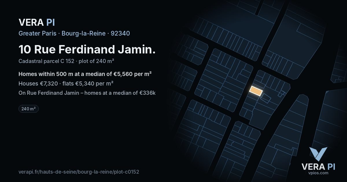10 Rue Ferdinand Jamin, Bourg-la-Reine at night – the plot lit, the parcels around coloured by the prices near them