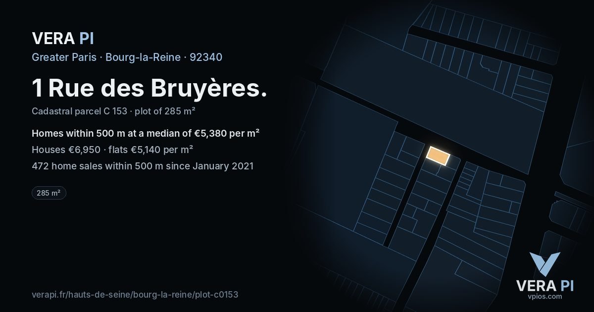 1 Rue des Bruyères, Bourg-la-Reine at night – the plot lit, the parcels around coloured by the prices near them