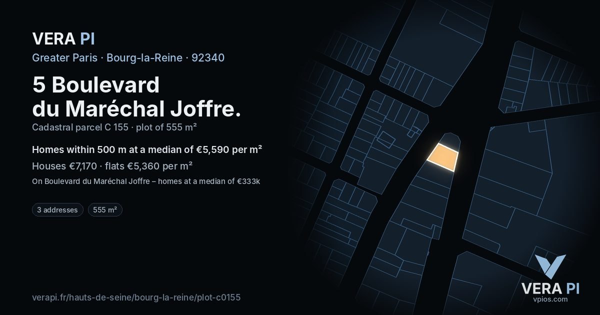 5 Boulevard du Maréchal Joffre, Bourg-la-Reine at night – the plot lit, the parcels around coloured by the prices near them