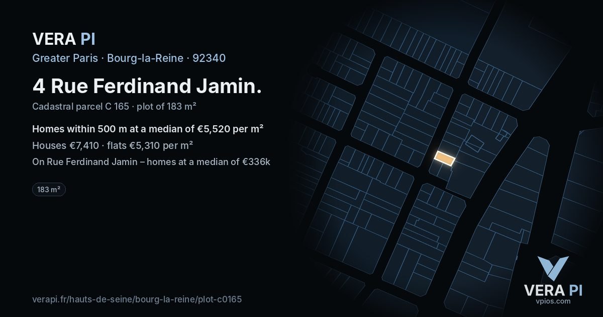 4 Rue Ferdinand Jamin, Bourg-la-Reine at night – the plot lit, the parcels around coloured by the prices near them