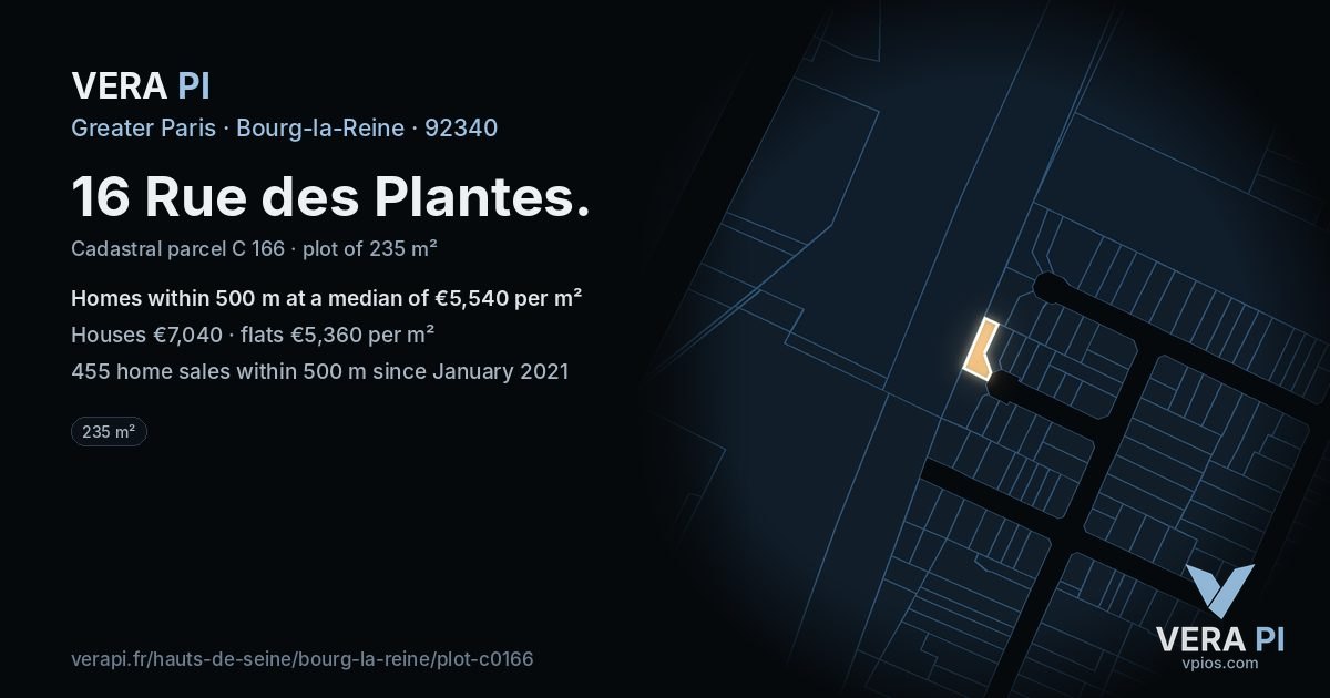 16 Rue des Plantes, Bourg-la-Reine at night – the plot lit, the parcels around coloured by the prices near them