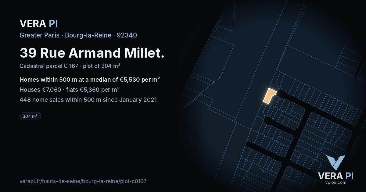 39 Rue Armand Millet, Bourg-la-Reine at night – the plot lit, the parcels around coloured by the prices near them