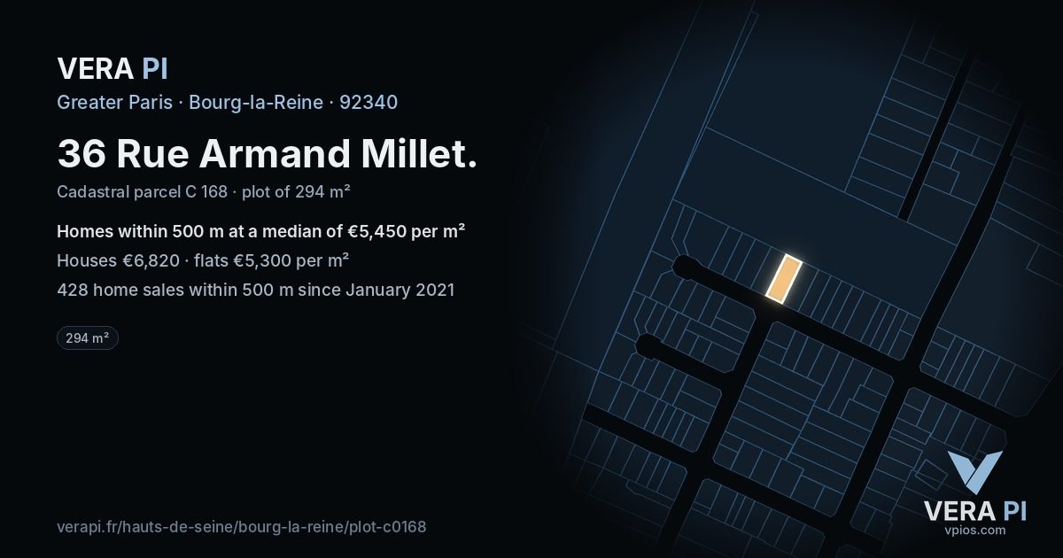 36 Rue Armand Millet, Bourg-la-Reine at night – the plot lit, the parcels around coloured by the prices near them