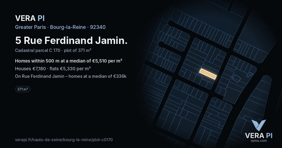 5 Rue Ferdinand Jamin, Bourg-la-Reine at night – the plot lit, the parcels around coloured by the prices near them