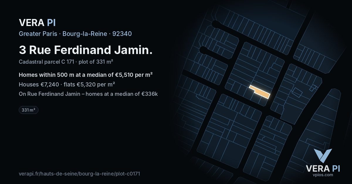3 Rue Ferdinand Jamin, Bourg-la-Reine at night – the plot lit, the parcels around coloured by the prices near them