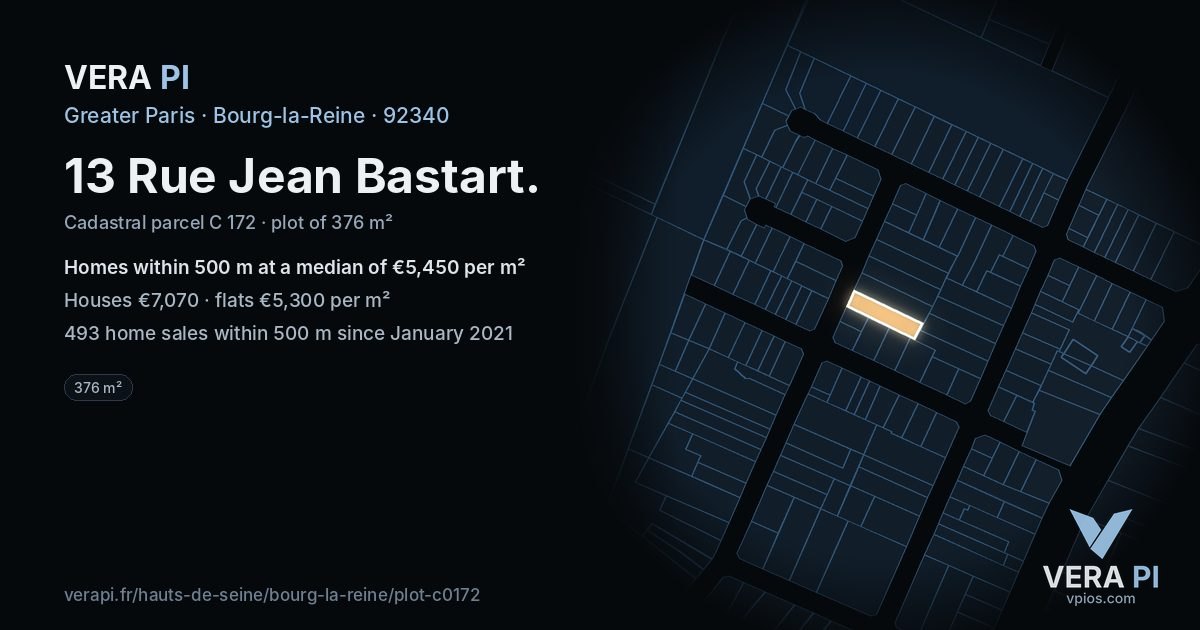 13 Rue Jean Bastart, Bourg-la-Reine at night – the plot lit, the parcels around coloured by the prices near them