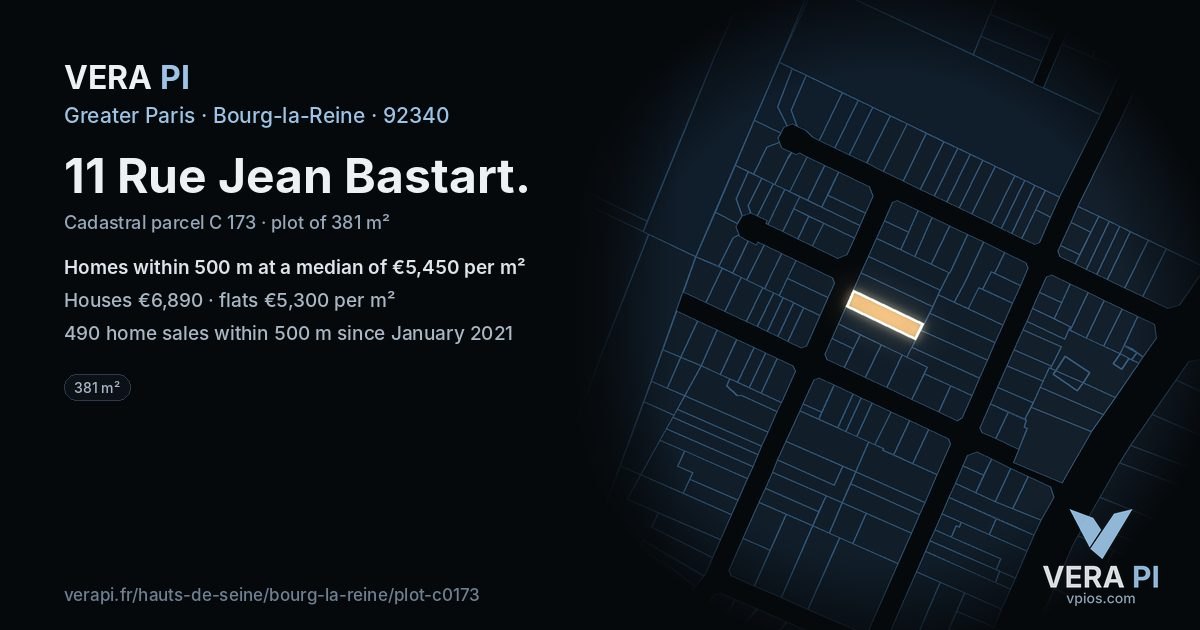 11 Rue Jean Bastart, Bourg-la-Reine at night – the plot lit, the parcels around coloured by the prices near them