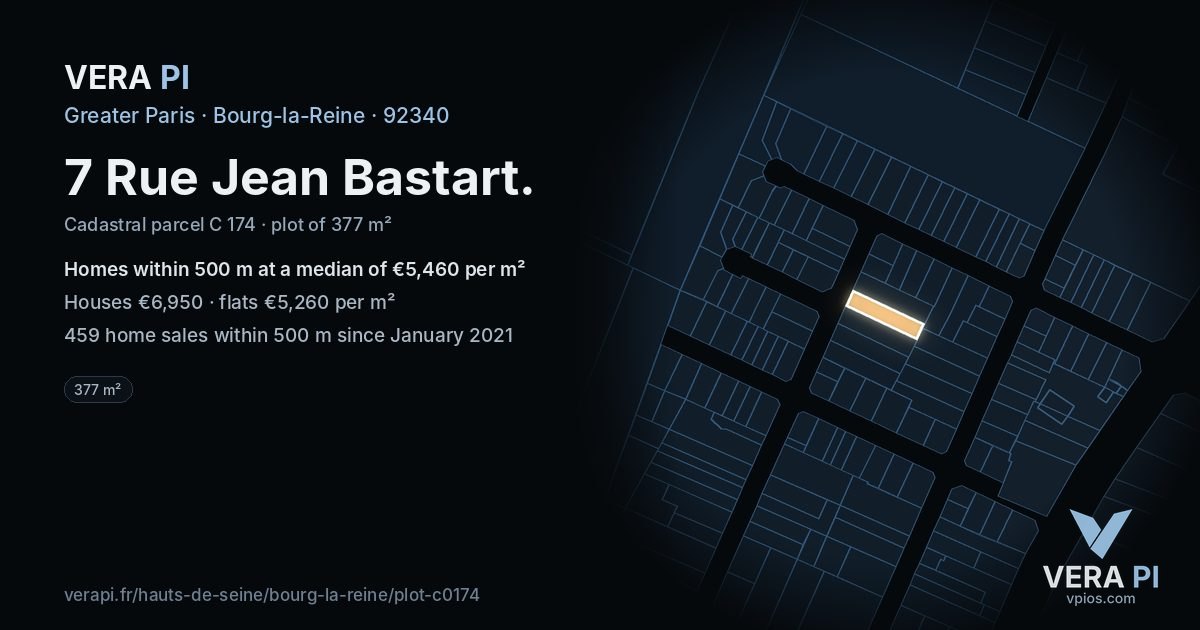 7 Rue Jean Bastart, Bourg-la-Reine at night – the plot lit, the parcels around coloured by the prices near them