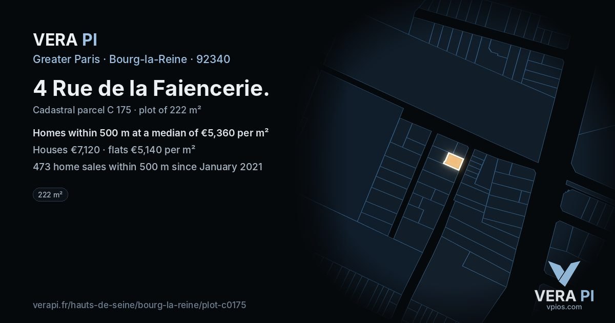 4 Rue de la Faiencerie, Bourg-la-Reine at night – the plot lit, the parcels around coloured by the prices near them