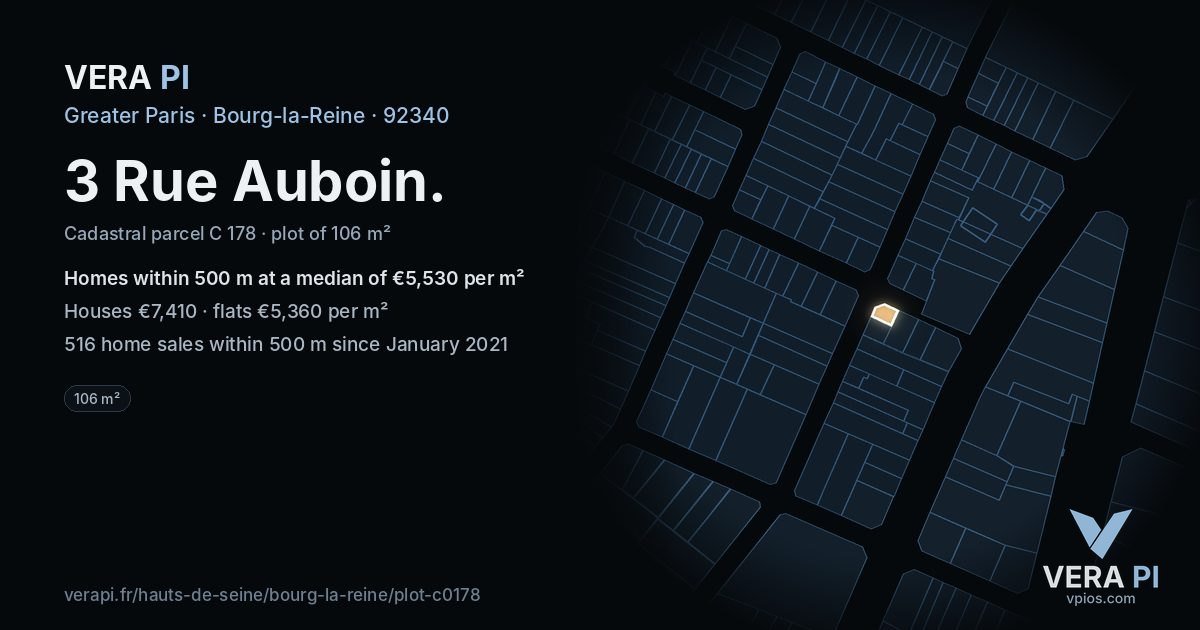 3 Rue Auboin, Bourg-la-Reine at night – the plot lit, the parcels around coloured by the prices near them