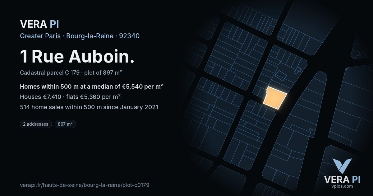 1 Rue Auboin, Bourg-la-Reine at night – the plot lit, the parcels around coloured by the prices near them
