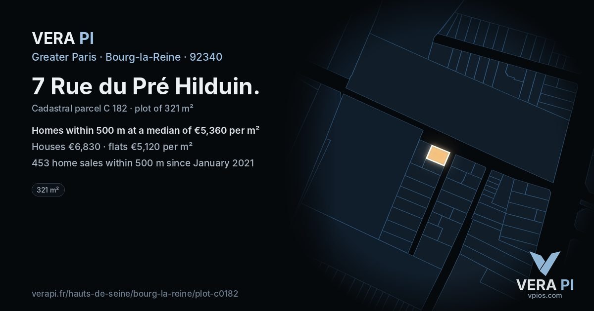7 Rue du Pré Hilduin, Bourg-la-Reine at night – the plot lit, the parcels around coloured by the prices near them
