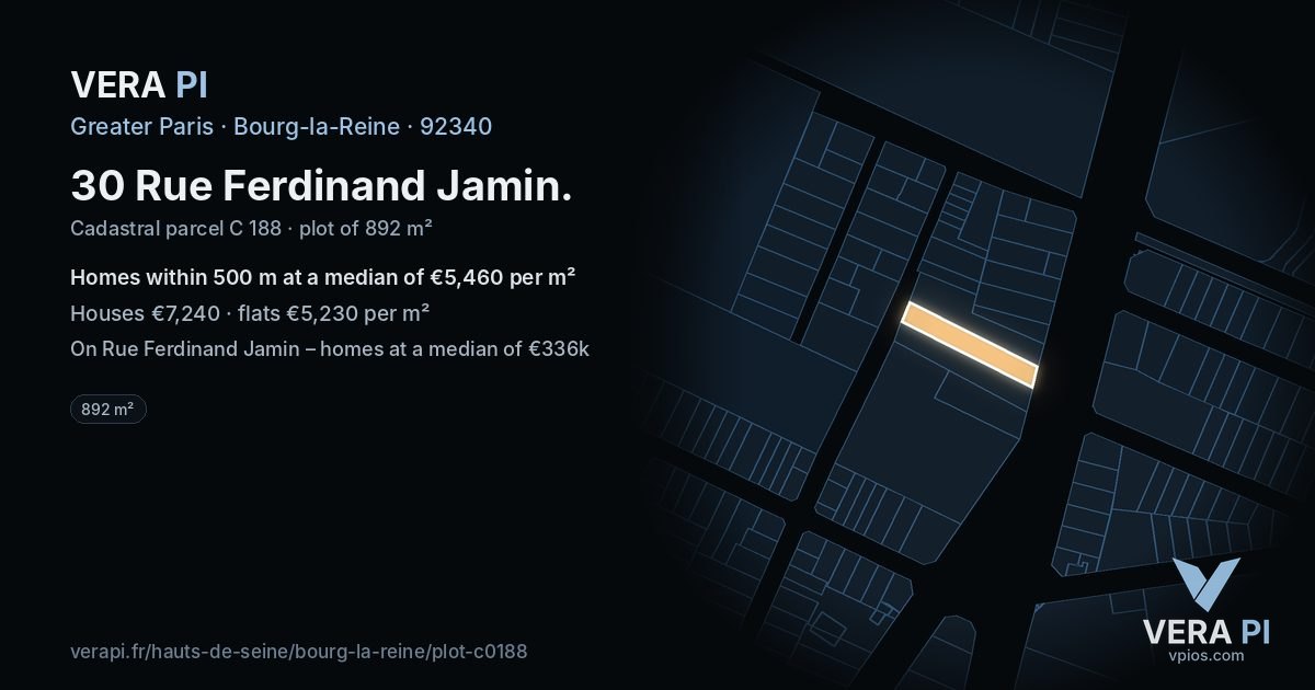 30 Rue Ferdinand Jamin, Bourg-la-Reine at night – the plot lit, the parcels around coloured by the prices near them