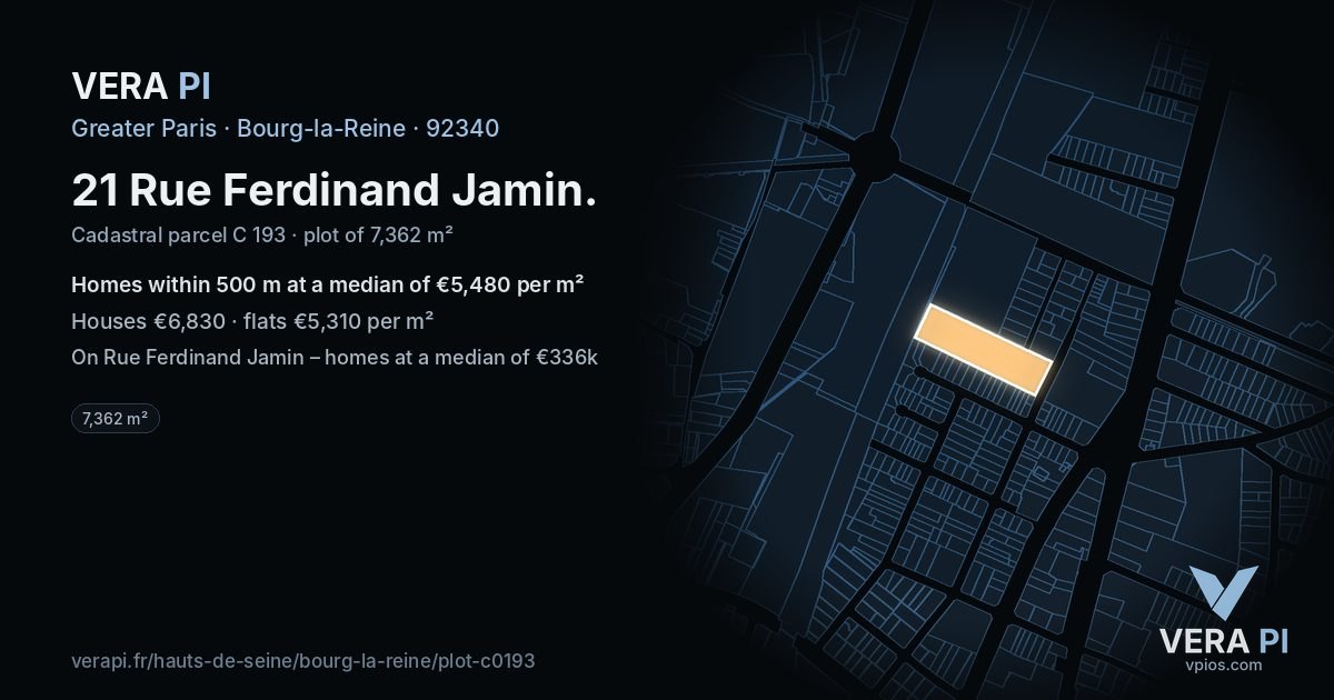 21 Rue Ferdinand Jamin, Bourg-la-Reine at night – the plot lit, the parcels around coloured by the prices near them