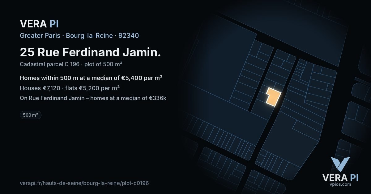 25 Rue Ferdinand Jamin, Bourg-la-Reine at night – the plot lit, the parcels around coloured by the prices near them