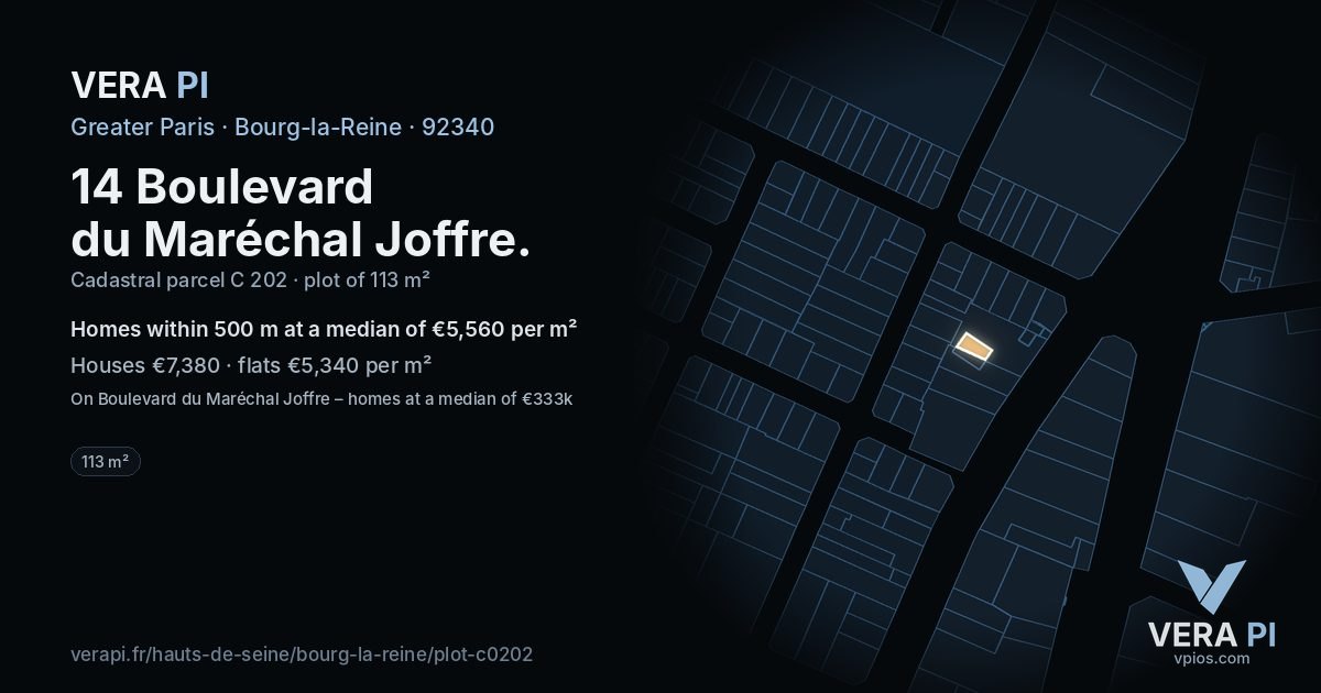 14 Boulevard du Maréchal Joffre, Bourg-la-Reine at night – the plot lit, the parcels around coloured by the prices near them