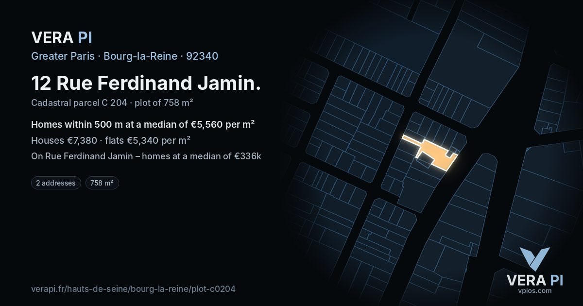 12 Rue Ferdinand Jamin, Bourg-la-Reine at night – the plot lit, the parcels around coloured by the prices near them