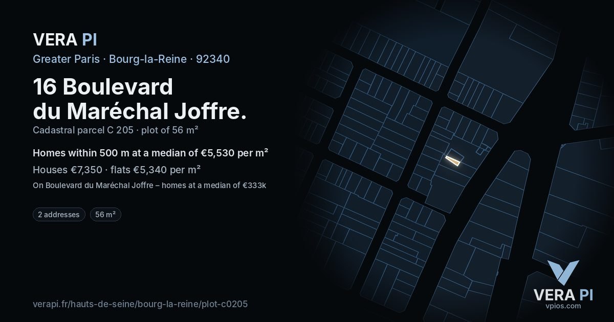 16 Boulevard du Maréchal Joffre, Bourg-la-Reine at night – the plot lit, the parcels around coloured by the prices near them
