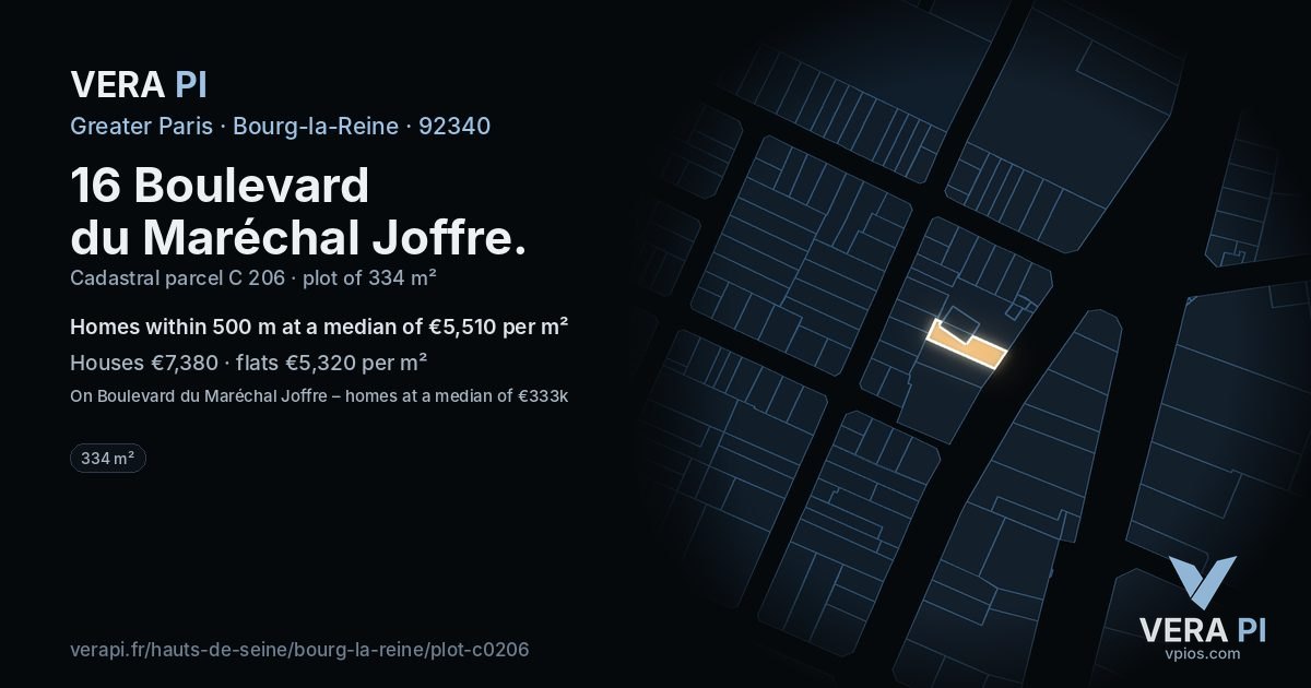 16 Boulevard du Maréchal Joffre, Bourg-la-Reine at night – the plot lit, the parcels around coloured by the prices near them