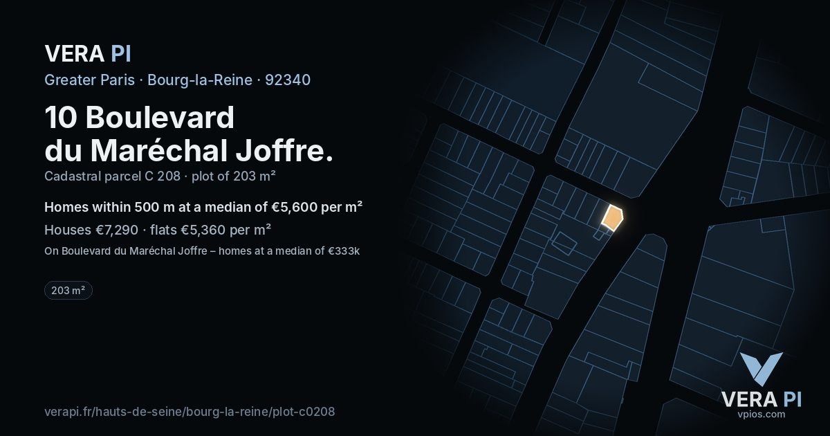 10 Boulevard du Maréchal Joffre, Bourg-la-Reine at night – the plot lit, the parcels around coloured by the prices near them