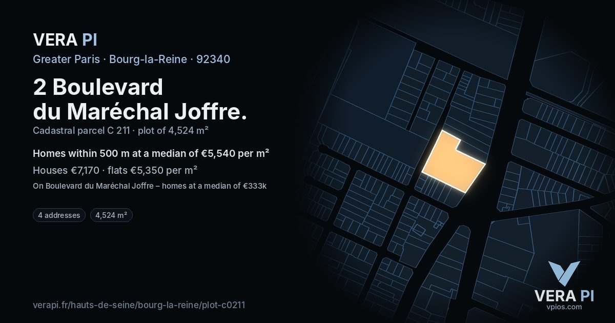 2 Boulevard du Maréchal Joffre, Bourg-la-Reine at night – the plot lit, the parcels around coloured by the prices near them