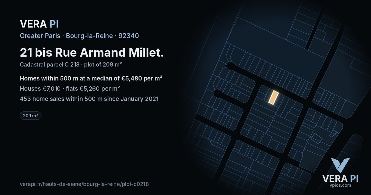 21 bis Rue Armand Millet, Bourg-la-Reine at night – the plot lit, the parcels around coloured by the prices near them